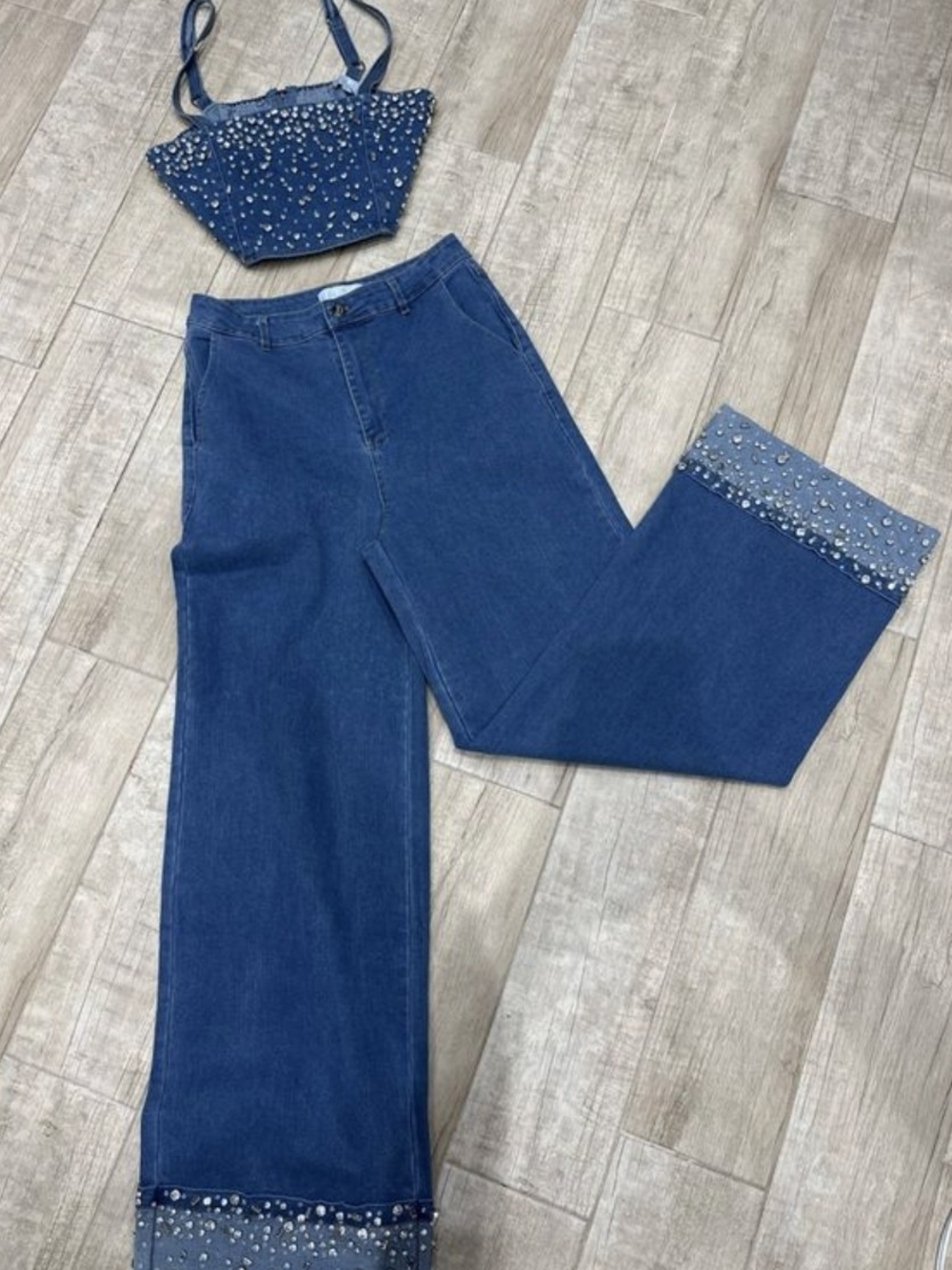 Embellished Dark Blue Denim Crop Top & Wide Leg Jeans Set